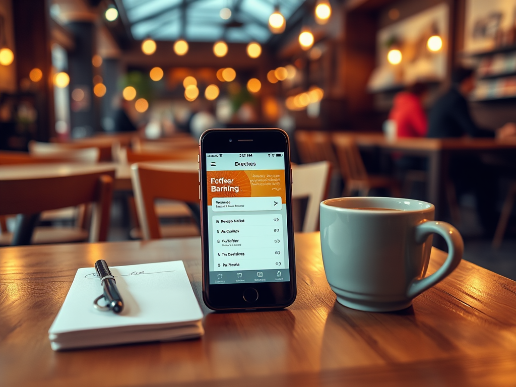 A smartphone with a coffee-related app sits on a wooden table next to a cup of coffee and a notepad with a pen.