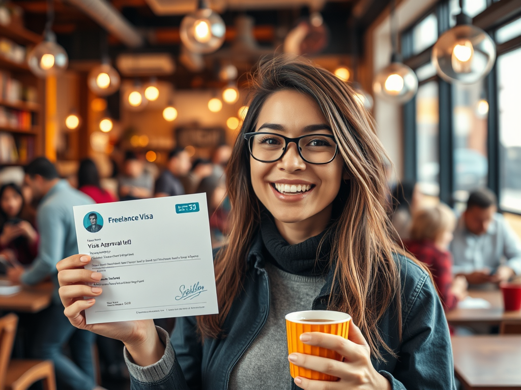 A smiling woman holds a Freelance Visa approval document in a café, with people socializing in the background.