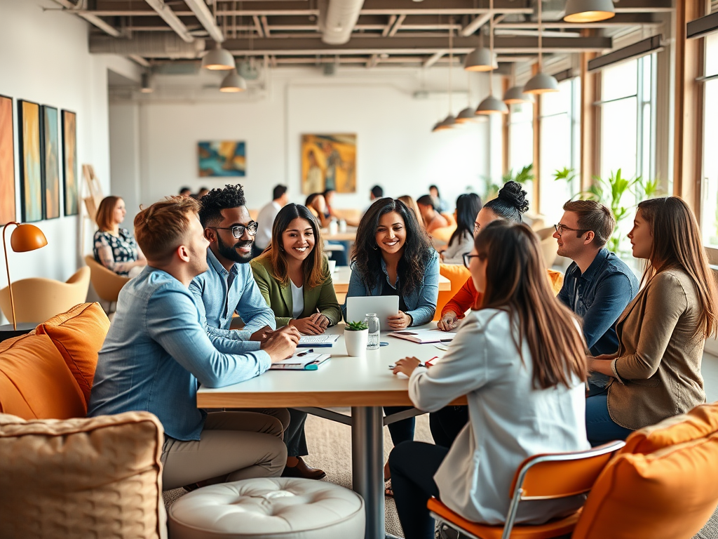 A diverse group of people is engaged in a lively discussion around a table in a modern, bright workspace.