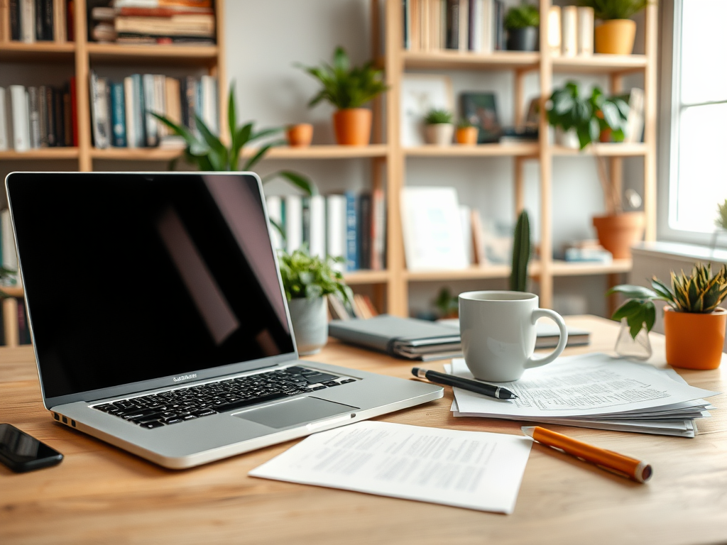 A workspace with a laptop, documents, a cup, and potted plants on a wooden table, set against a book-filled background.