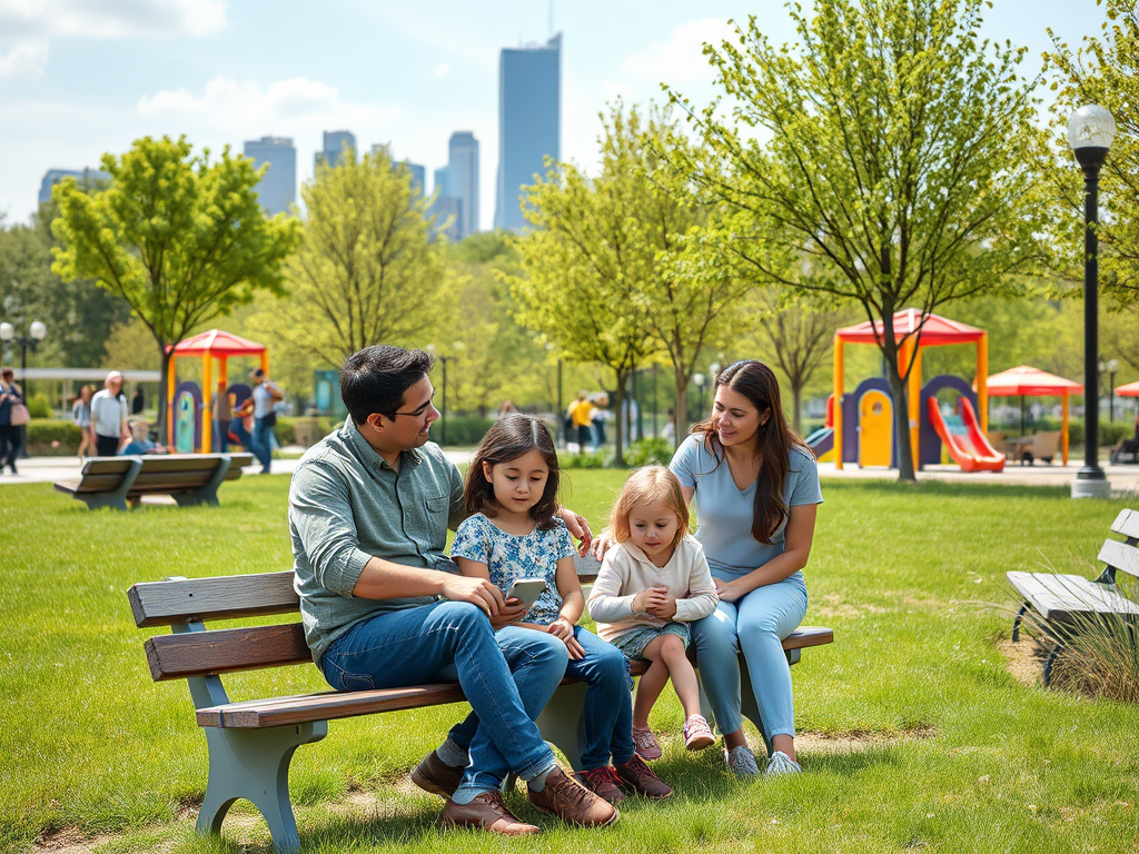 A family sits together on a bench in a park, enjoying a sunny day with playgrounds in the background.