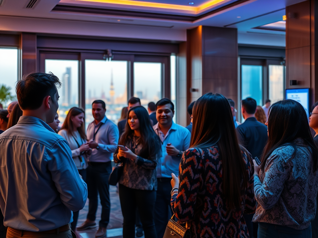 A group of professionals mingles in a stylish event space with city skyline views at dusk.