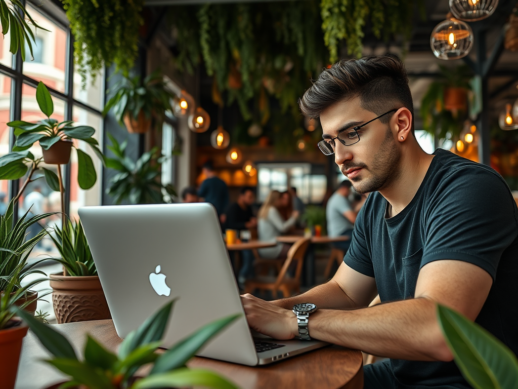 A young man works on a laptop in a cozy café filled with plants and warm lighting.