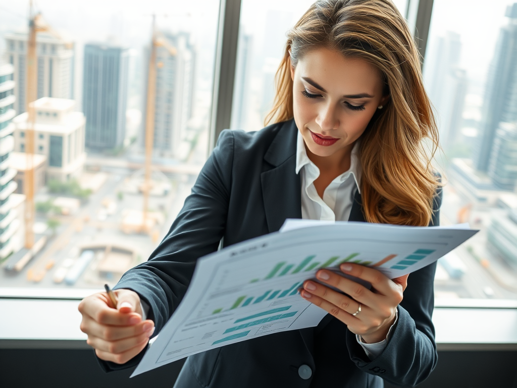 A businesswoman reviews reports with financial graphs while standing by a window in a cityscape office.