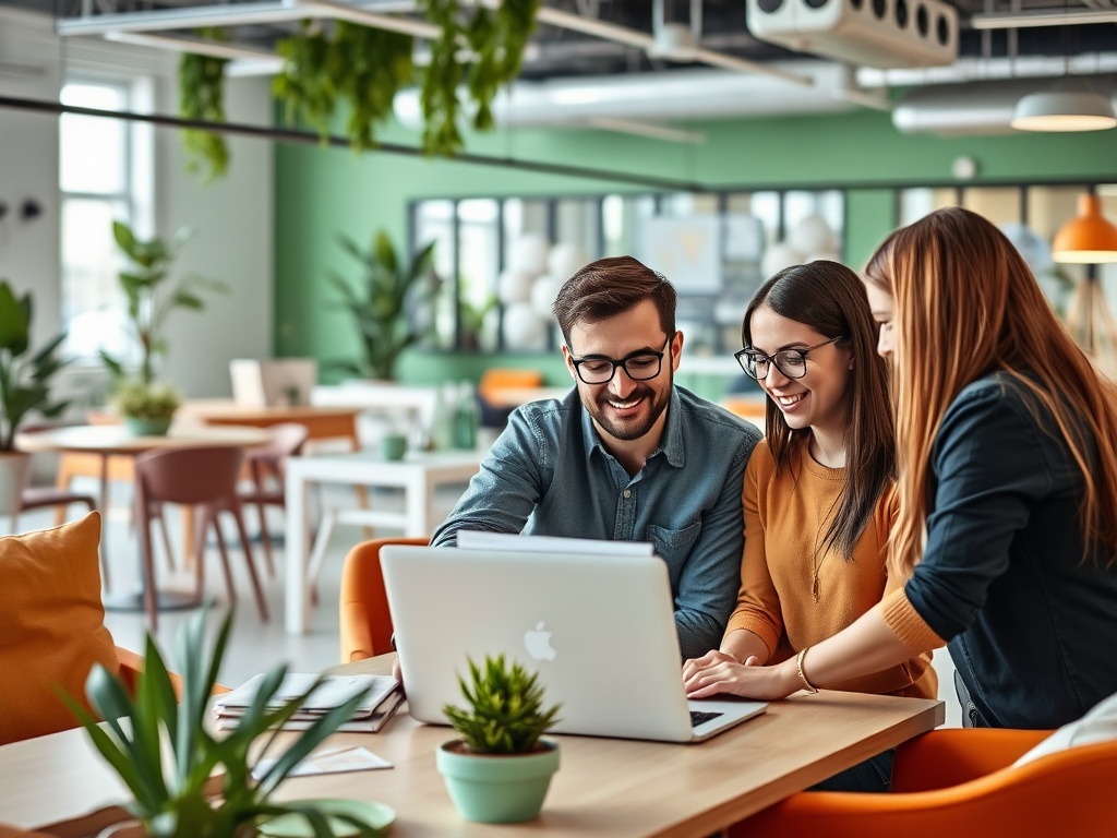 Three people collaborate around a laptop in a bright, modern workspace filled with plants and cozy furniture.