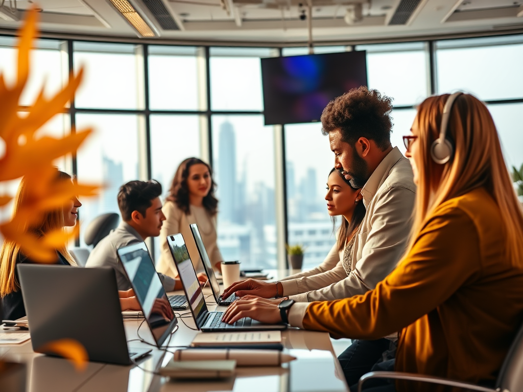 A diverse group of professionals collaborates in a bright office with laptops, focusing on a project together.