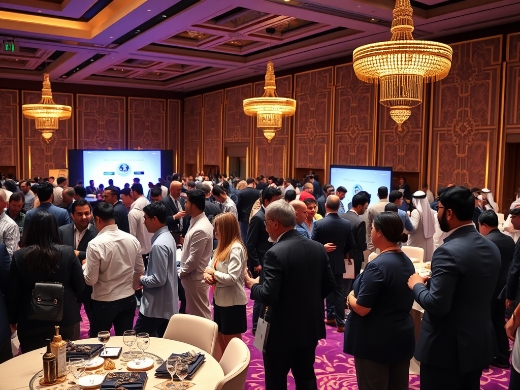 A crowded event in a luxurious venue, featuring attendees networking and a presentation screen in the background.