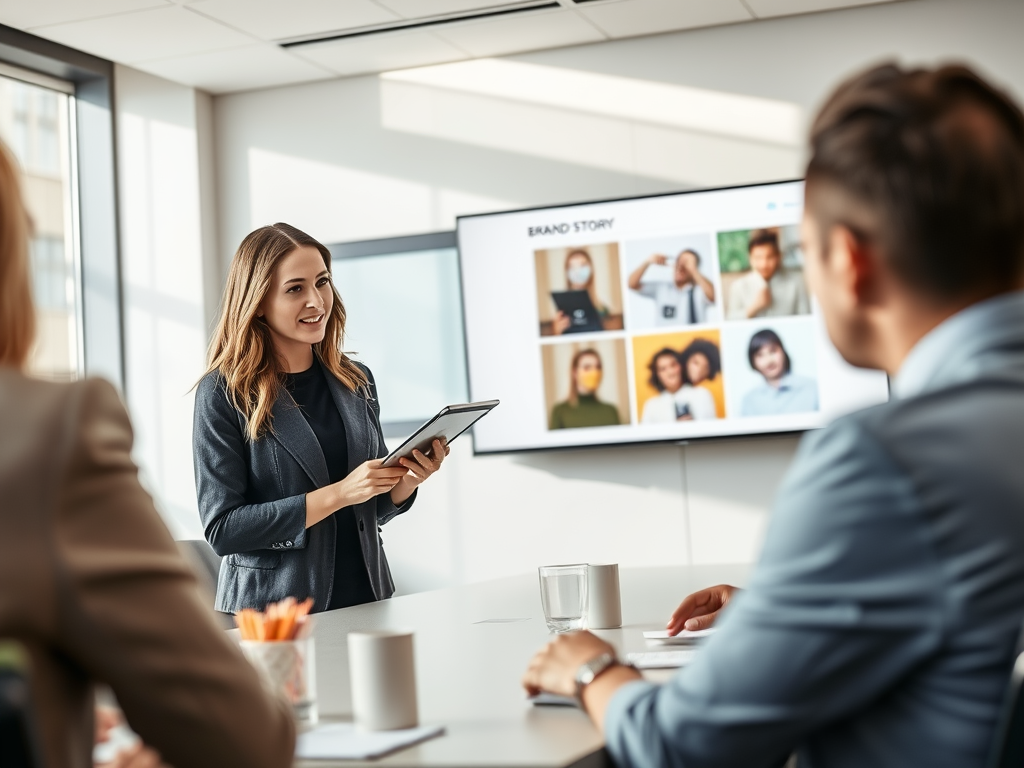 A businesswoman presents with a tablet in a modern meeting room, discussing brand stories on a screen.